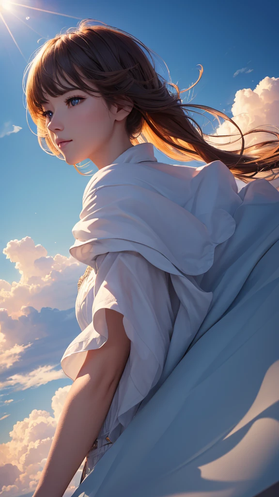 (((8k))), (((High resolution))),((Highest quality)),A view of the sky even higher,noon,sunny,,Surrounded by clouds,Sparkling,Light of the sun,Beautiful sky,Ultra-realistic,8k,Ultra-fine