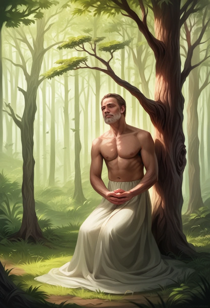 1 man meditating under the yggdrasil tree, peaceful, calm, relaxing, sentado em pose de meditação, linda paisagem, detailed portrait, serene expression, meditating pose, old gnarled tree, lush forest background, intricate tree branches, natural lighting, warm color tones, (best quality,4k,8k,highres,masterpiece:1.2),ultra-detailed,(realistic,photorealistic,photo-realistic:1.37),environmental portrait, cinematic lighting, dramatic shadows, atmospheric mist, vivid colors, volumetric lighting