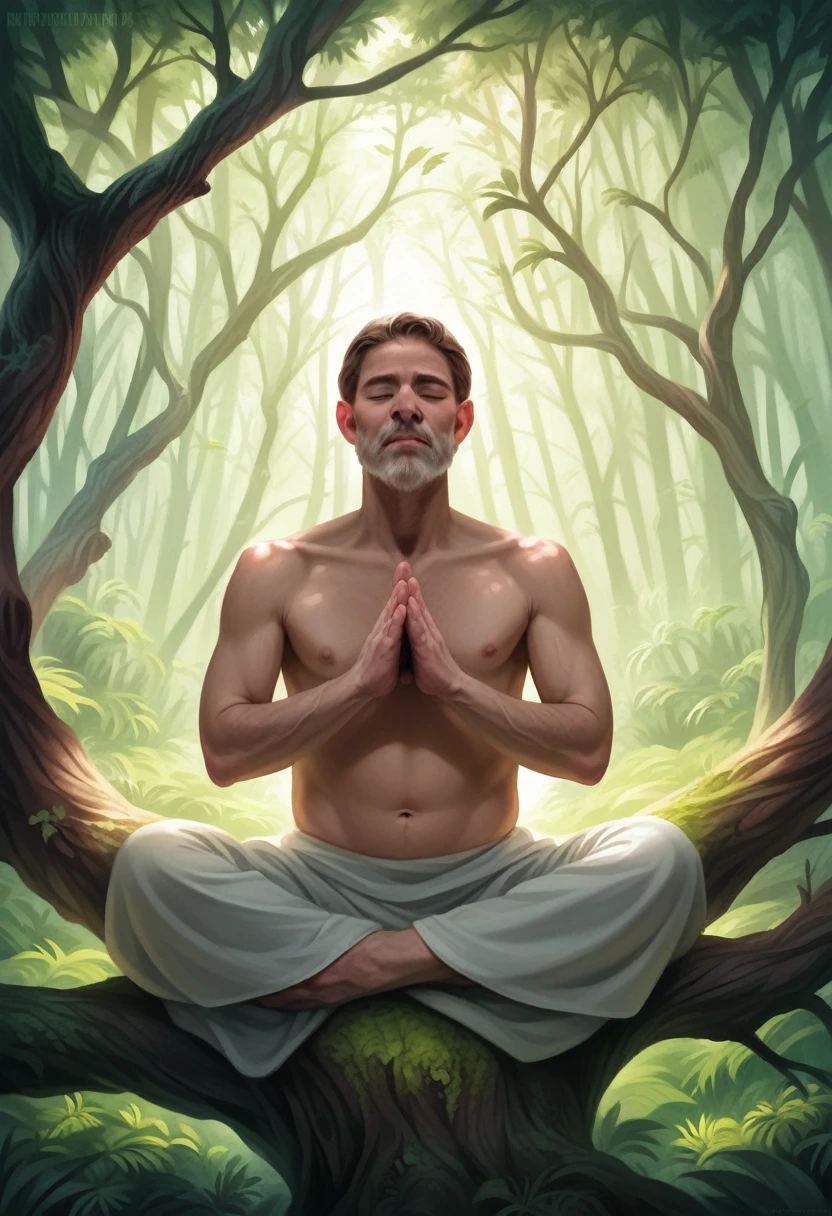 1 man meditating under the yggdrasil tree, peaceful, calm, relaxing, sentado em pose de meditação, linda paisagem, detailed portrait, serene expression, meditating pose, old gnarled tree, lush forest background, intricate tree branches, natural lighting, warm color tones, (best quality,4k,8k,highres,masterpiece:1.2),ultra-detailed,(realistic,photorealistic,photo-realistic:1.37),environmental portrait, cinematic lighting, dramatic shadows, atmospheric mist, vivid colors, volumetric lighting