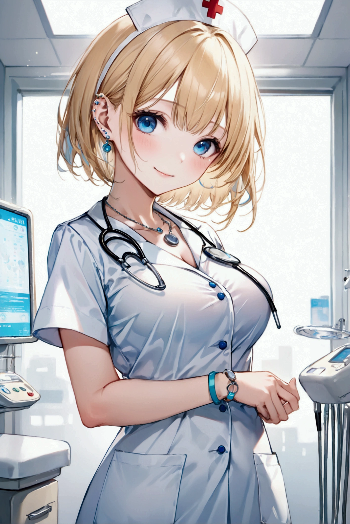(Highest quality, 8k, 32K, masterpiece, Ultra-high resolution,:1.2),to be born, One Girl,So cute ,hospital, A fantasy background reminiscent of an electronic world, clear, Shining Eyes, Age 25 ,Fair skin, Blonde girl, Nurse uniform, short hair, An innocent smile, blue eyes, Pierced ears sparkle, An elegant necklace adorns her slender neck., Rings and bracelets decorate the fingers. expensive_Big Breasts, Big Breasts, doctor, Turn around