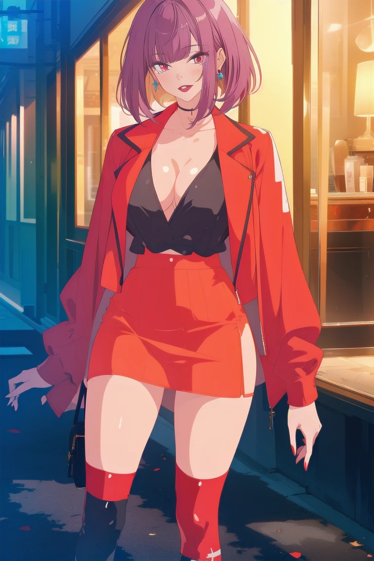 ((Highest quality)), ((masterpiece)), (Familiar), Hazy, Female,Mature Woman,Purple Hair, short hair, Low Ponytail, eye shadow, lipstick, Red eyes,Black Shirt,Large Breasts,Cleavage,Red and black jacket,White tight skirt,Red Heels