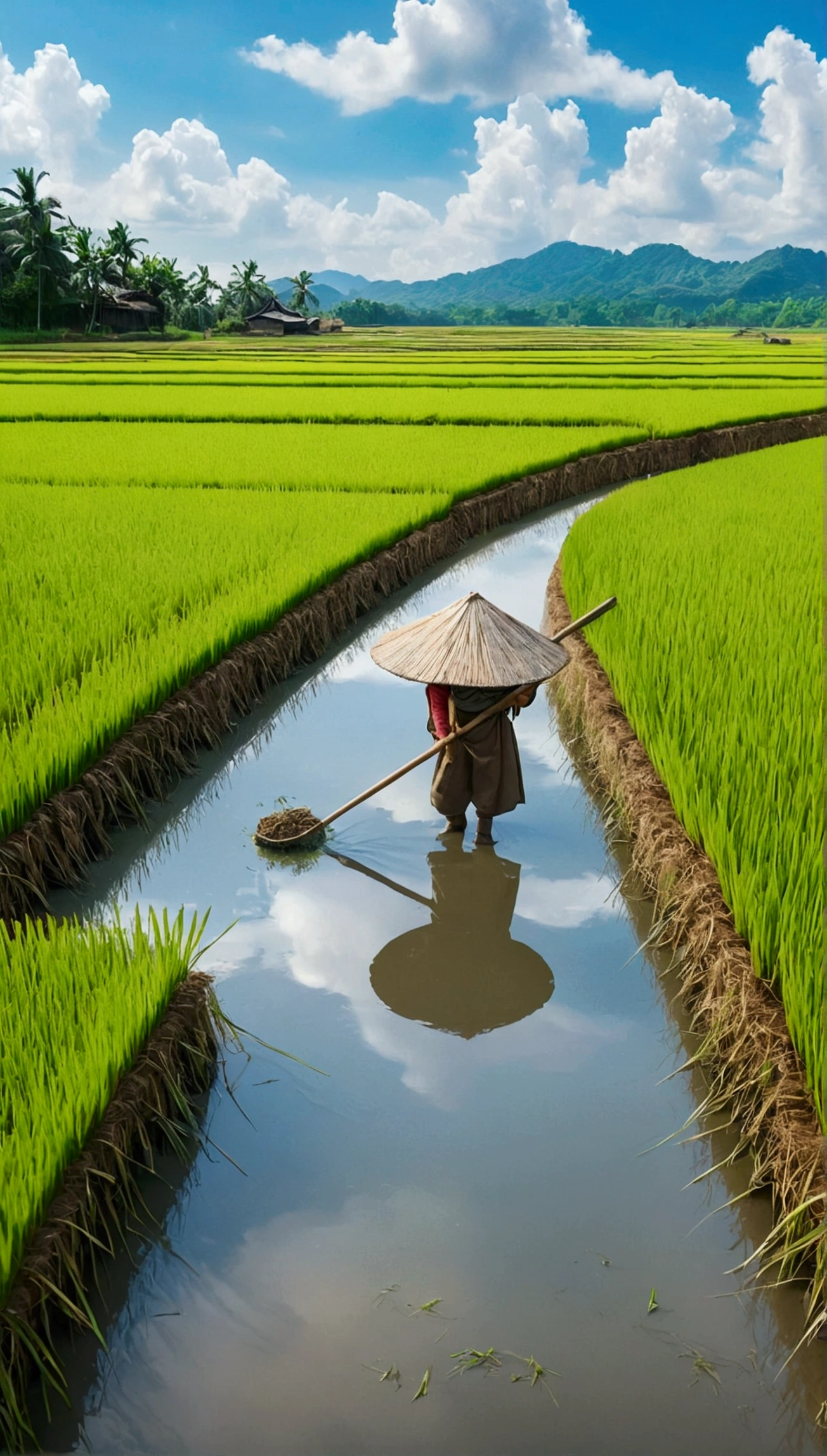 (A masterpiece of a famous movie scene,Farming scenes in movies,Anime style masterpiece)Farmers growing rice in wetlands,Very detailed,12k resolution,Ultra-detailed,Painterly anime style,Detailed rice field,Beautiful textured field,Bright and vibrant colors,Lush green environment,Animated sunlight and shadows,Peasant's expressive facial features,They pay close attention to planting and cultivating rice.,Traditional farm tools and equipment,Authentic rural environment,Peasants in traditional, colorful clothing,The farmers have happy and satisfied looks on their faces.,Quiet and beautiful scenery,Dramatic clouds and sky,A fantastic and magical atmosphere,A rich, contrasting color palette,Soft and diffuse lighting,Attention to detail in plants and surroundings,A carefully drawn image reflected on the water surface of a rice field.,Quiet and peaceful atmosphere,Textures and patterns carefully crafted down to the smallest detail,Detailed depiction of rice growth stages,Convincing depth and perspective in the scene,Expressive and exaggerated anime-style character designs,A fusion of realism and stylization,Compelling storytelling through artwork,A captivating and immersive visual experience.