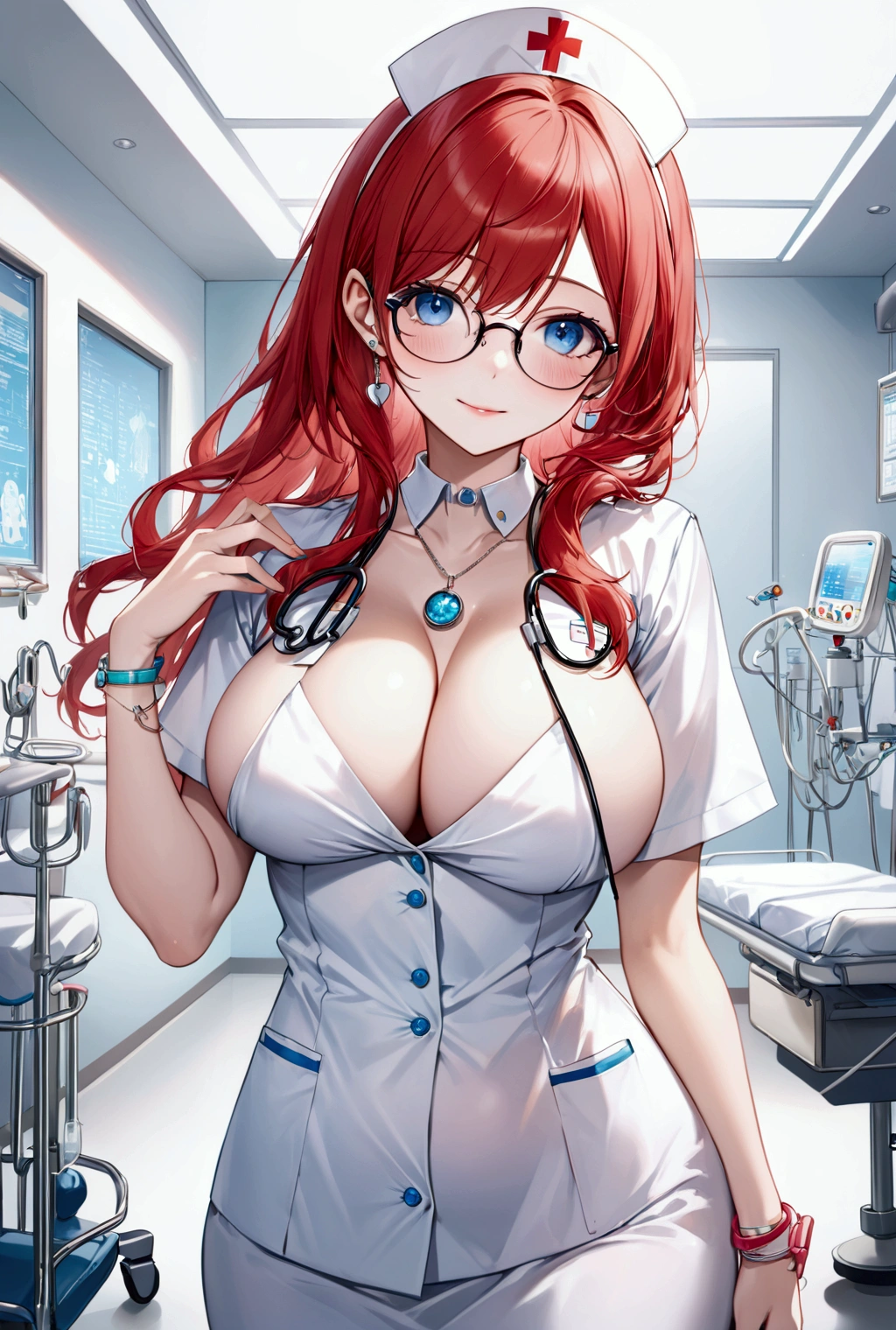 (Highest quality, 8k, 32K, masterpiece, Ultra-high resolution,:1.2),to be born, One Girl,So cute ,hospital, A fantasy background reminiscent of an electronic world, clear, Shining Eyes, Age 25 ,Fair skin, Red Haired Girl, Nurse uniform, An innocent smile, blue eyes, Pierced ears sparkle, An elegant necklace adorns her slender neck., Rings and bracelets decorate the fingers. expensive_Big Breasts, Big Breasts, doctor, Long Hair, Glasses, Sexy Costumes