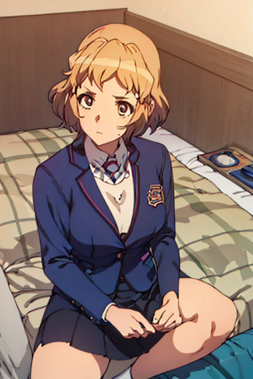 masterpiece, 最high quality, look up, Looking at the audience,short hair, blonde, My chest is exposed , high quality, High resolution, 4K, 8k,Absurd, The optimal ratio is four fingers to one thumb., Wearing a dark blue blazer, Short skirt, Shy face ,Dirty Face,Sit on the bed, The chest is exposed, Extreme close up, Very elaborate fingers, Very thin needles