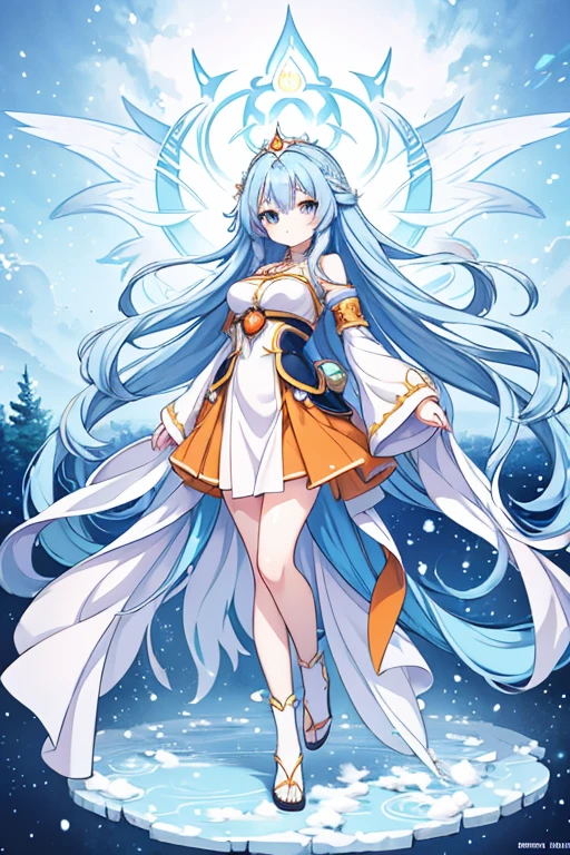 anime girl with long white hair and an orange dress in the snow, blue haired deity, blue hair floating in the air, anime fantasy illustration, Flowing blue hair, beautiful young wind spirit, beautiful fantasy anime, shiny and flowing hair, ethereal anime, beautiful anime works, beautiful digital art, anime fantasy artwork, ((a beautiful fantasy empress)), 2. 5 d cgi anime fantasy artwork