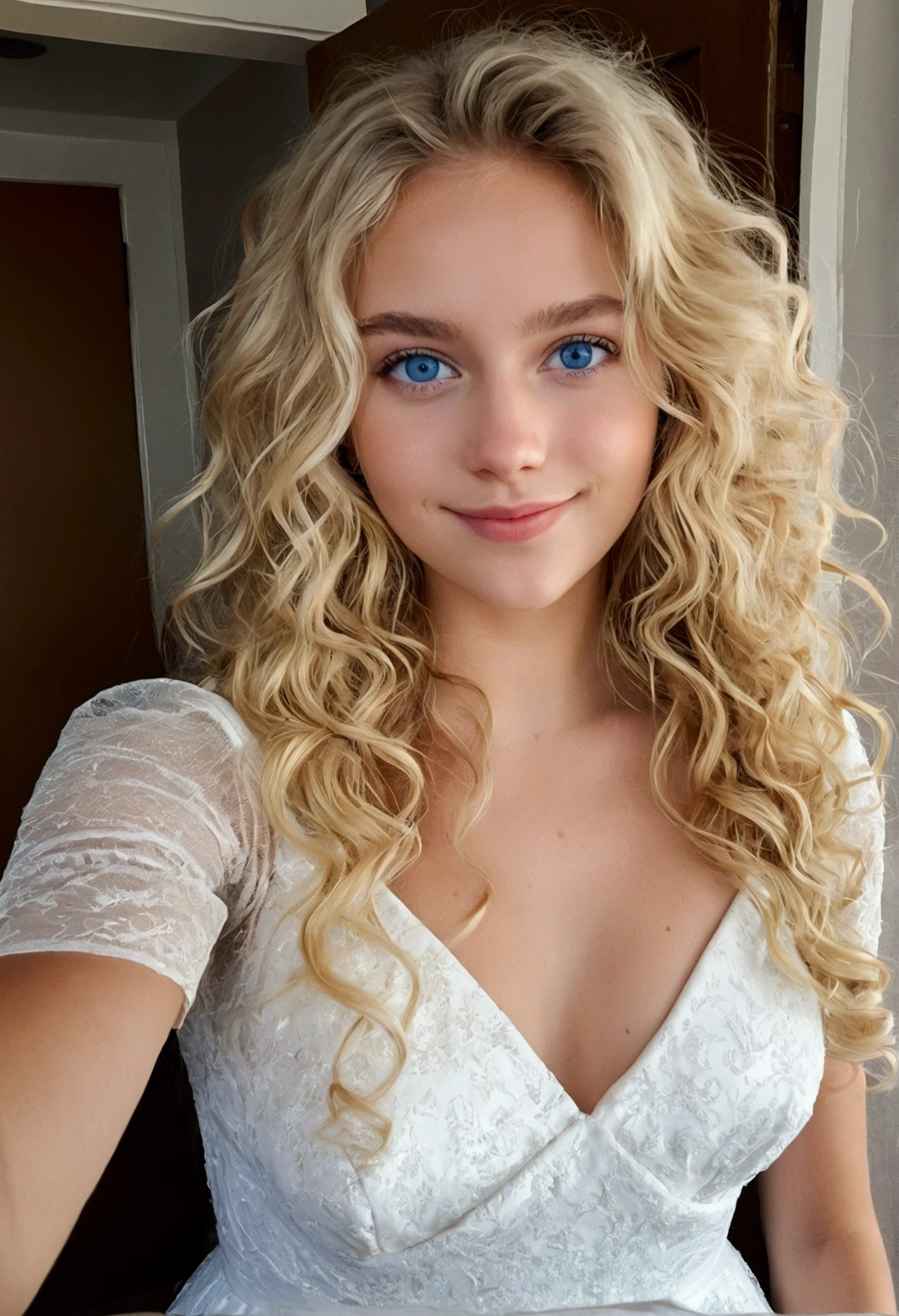 beautiful blonde, beautiful white dress (22ans, visage innocent, naturally wavy hair, blue eye), happy full body selfie, best quality, ultra detail