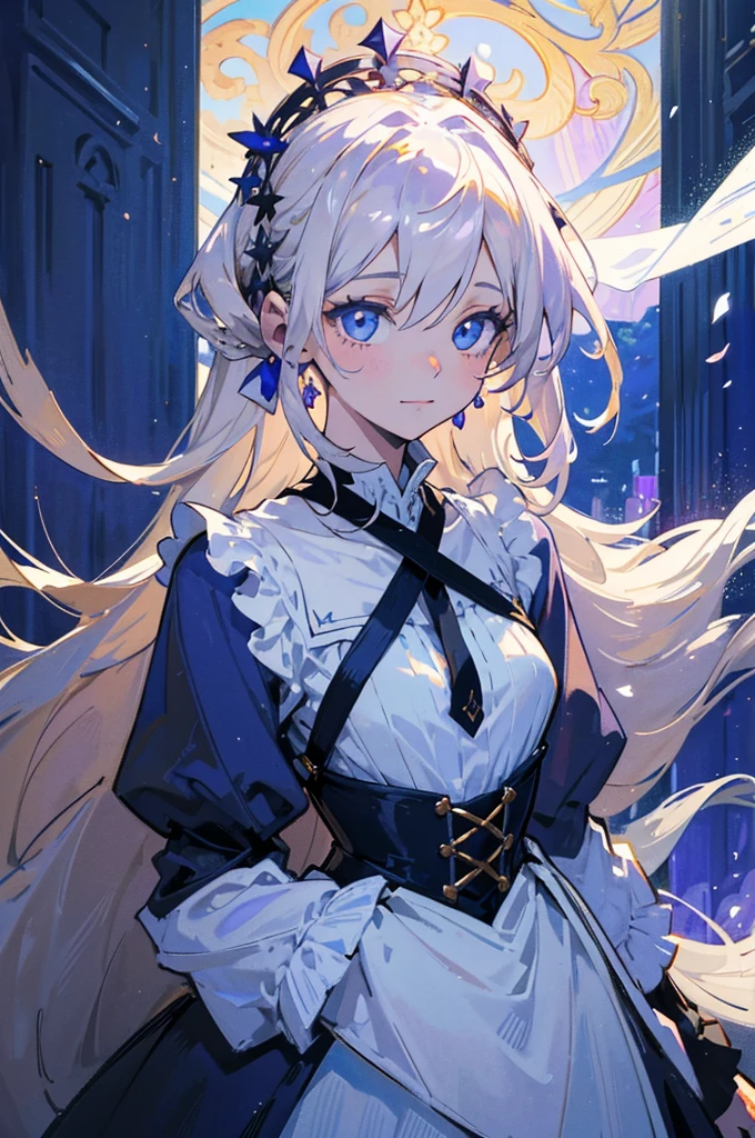 Créez une illustration de haute qualité d'une jeune femme élégante, semblable à un personnage d'anime. Elle a de longs cheveux blonds tirant vers le gris qui tombent en douces vagues autour de son visage, ses cheveux sont légèrement ondulés. Elle porte une couronne dorée ornée d'un joyau violet. Ses yeux sont grands et violet pale, avec des cils longs et délicats. Elle porte une robe blanche ornée de détails dorés et argentés, et des bijoux luxueux, y compris des boucles d'oreilles violet pale et un collier assorti. L'expression de son visage est douce et gracieuse, avec un très léger sourire. L'arrière-plan est délicatement détaillé, avec une ambiance féerique et royale.