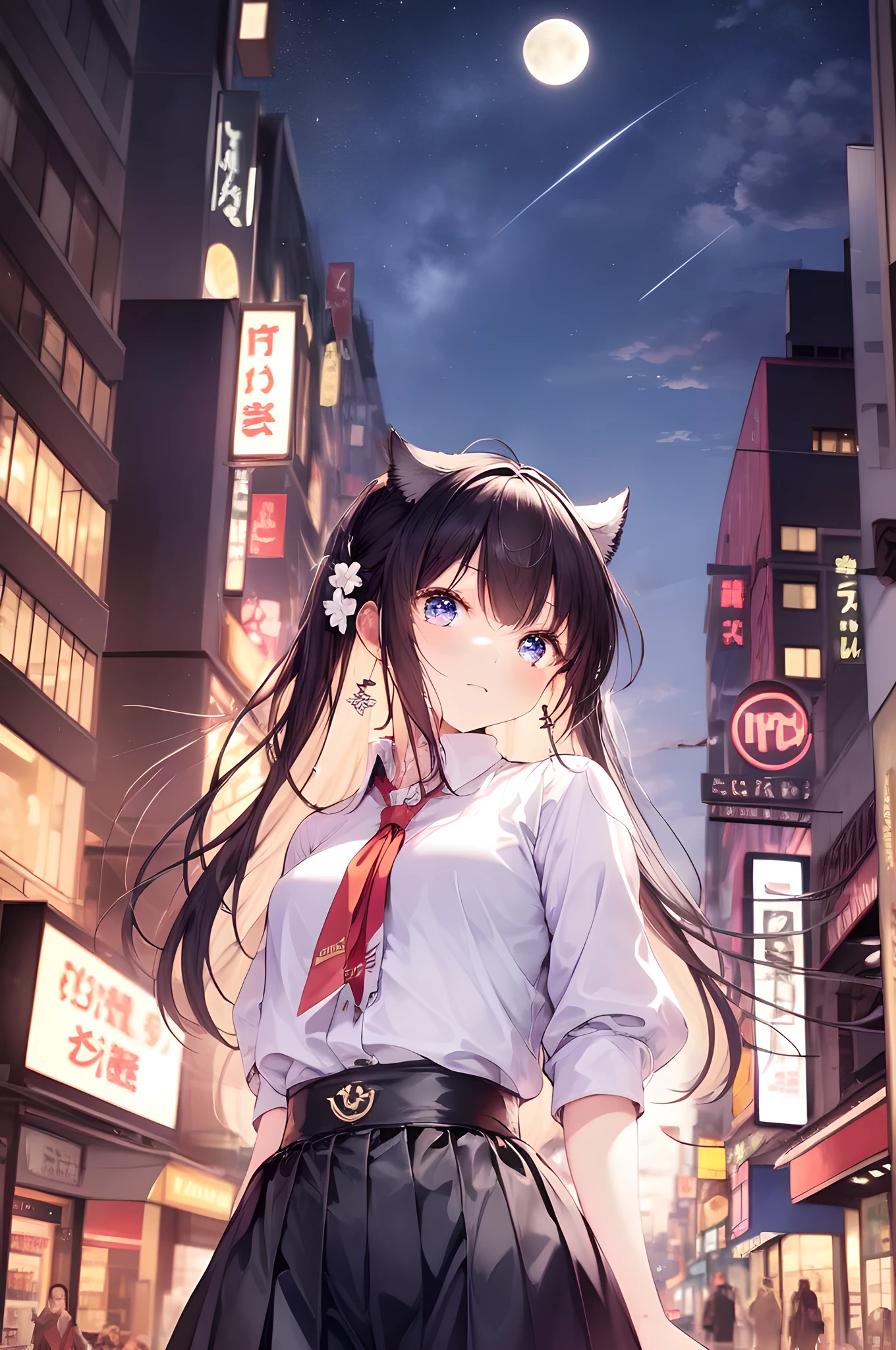 (Backlight,Umbilical cord:1.1,Black Hair),Beautiful girls in school uniforms on the busy streets of Gintama, There are vendors all around, Beautiful portrait of a stunning goddess girl, Beautiful and delicate face, Porcelain skin, Half-length photo, Center,((moonlight,night,Big neon sign,Strong neon lights,Edge lighting,Two-tone lighting))),