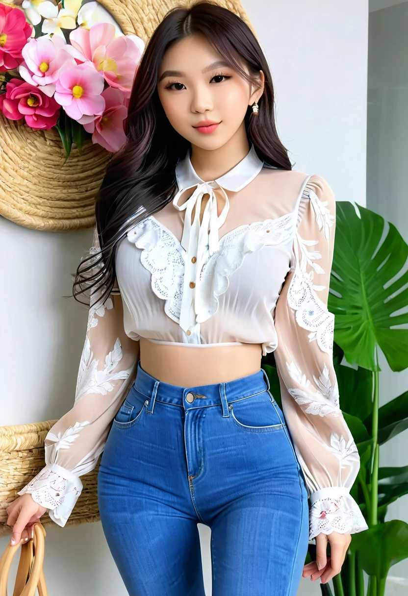 ((Best resolution)), ((high quality:1.2)), Work of art, 8k, extremely detailed, ((High detail:1.2)), (Hotlexi woman), Solo, 24 year old Korean Ulzzang female, (blouse, pants jeans), (beautiful perfect face:1.23),