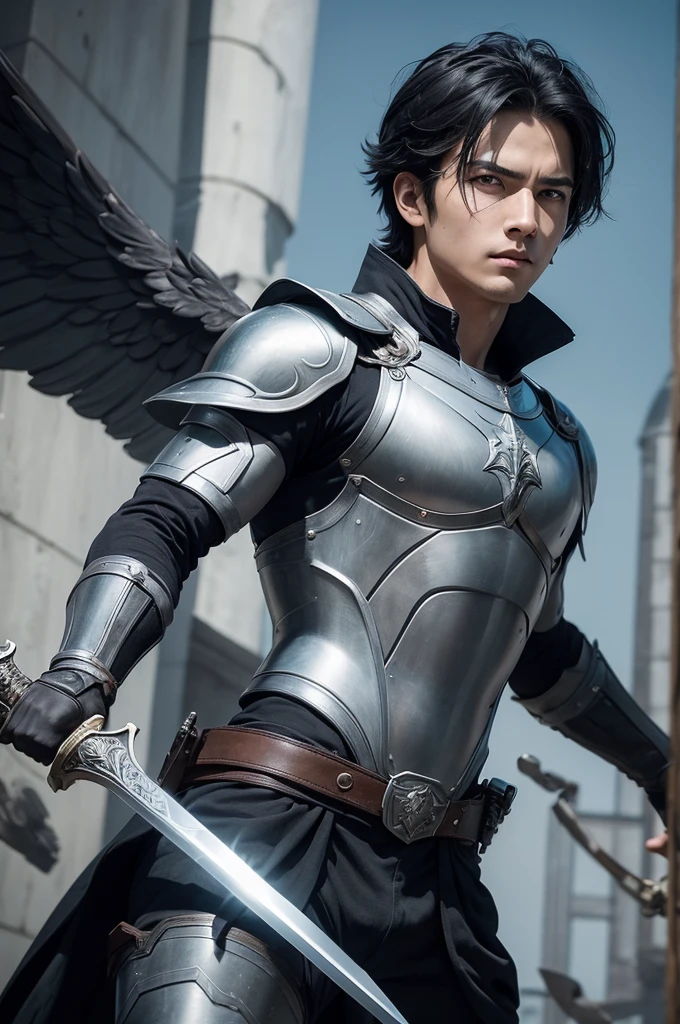((best quality)), ((masterpiece)), (detailed), perfect face Super Hero flying with a pair of open gray wings, with short black hair, with a sword in his hand, looking forward and pointing his sword upwards