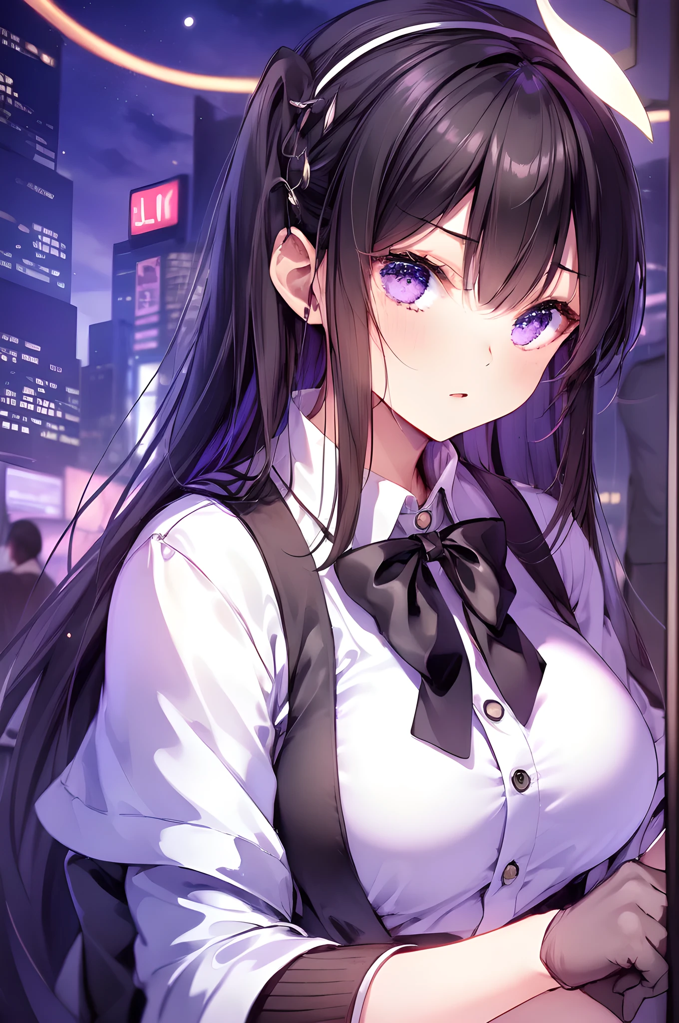 (Backlight,Umbilical cord:1.1,Black Hair),Beautiful girls in school uniforms on the busy streets of Gintama, There are vendors all around, Beautiful portrait of a stunning goddess girl, Beautiful and delicate face, Porcelain skin, Half-length photo, Center,((moonlight,night,Big neon sign,Strong neon lights,Edge lighting,Two-tone lighting))),