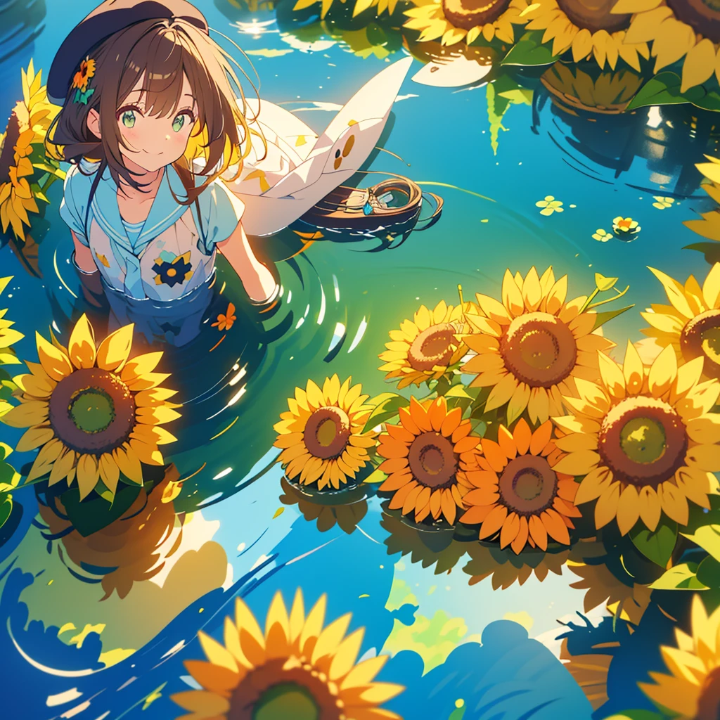 kawaii, anime, Cute, hyper quality, highly detailed, 8k, Clarity, Draw facial expressions in detail, van gogh's sunflowers, Girl with long dark brown hair and green eyes, highlight on eyes, artistic, art, painting, paint splatters, brushes are scattered on the floor, scribble, whole body, world of paintings, Unconventional idea, Artistry, Imagination, smile, 999 small sunflowers, painter, beret, hold a brush, colorful ink, 999 sunflowers cover the screen, reflected on the water surface, In the water, underwater, Hi Ugari inserts, deep sea,