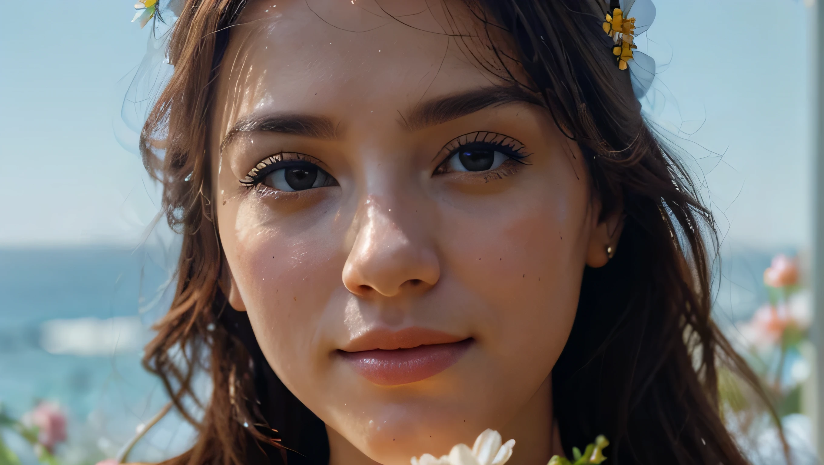 a beautiful girl azure sky with a bouquet of natural flowers, detailed flower petals, intricate floral arrangements, handwritten text that says "sky", photorealistic, 8k, masterpiece, highly detailed, warm lighting, vibrant colors, soft focus, cinematic, elegant composition