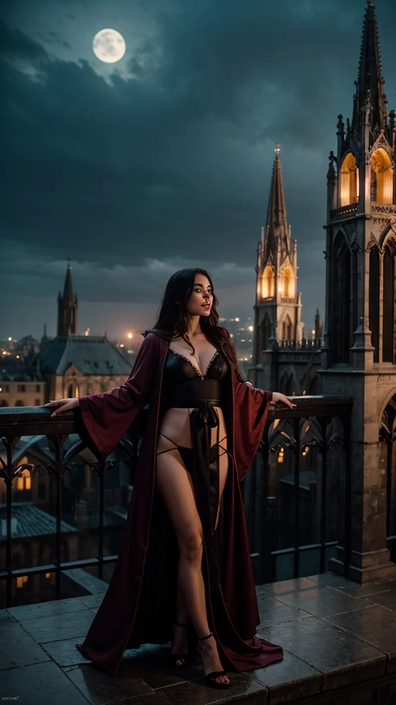 the beautiful female Vampire wearing the skimpiest of robes stands on the cathedral rooftop overlooking the ancient Gothic city, mouth open baring fangs,at night, in the rain