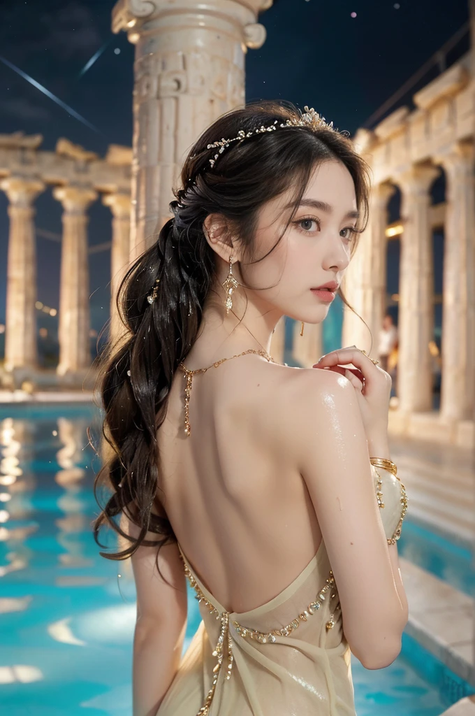 (((best quality))),(((ultra detailed))),(((masterpiece))),illustration,((1 beautiful girl,ancient greek princess,solo)),((earrings,crystal necklace)),(((sweat,wet,shiny skin))),((slim,thin)),((bare back,towering hips,butt crack)),(Gorgeous sheer dress:1.3),(slender legs:1.2),(((luxurious pool,grand temple,starry night sky))),summer,radiant complexion,(shoulder length straight hair:1.2),graceful,intricate patterns,embellishments,shimmering fabric,rainbow colors,gentle waves,fragrant oils,lush plants,elegant columns,serene ambiance,(surrounded by crowded crowds of attendants:1.3),ritual of cleansing,opulence,tranquility,solitude,busy life,timeless,enchanting image,essence of ancient greece,((from back,upper body))