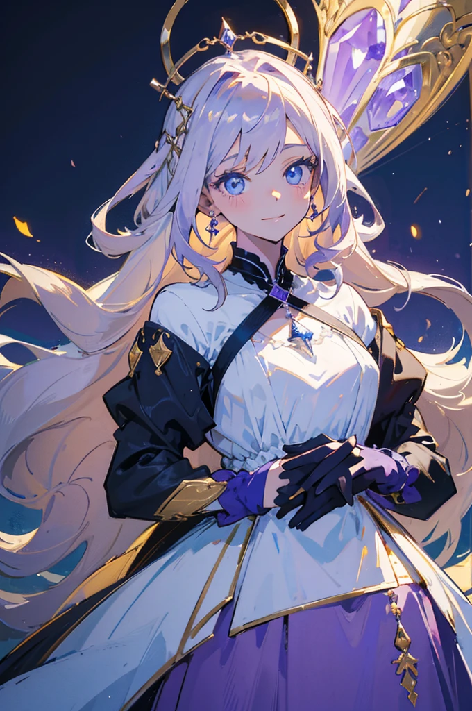Créez une illustration de haute qualité d'une jeune femme élégante, semblable à un personnage d'anime. Elle a de longs cheveux blonds terne qui tombent en douces vagues autour de son visage, ses cheveux sont ondulés. Elle porte une couronne dorée ornée d'un joyau violet. Ses yeux sont grands et violet pale, avec des cils longs et délicats. Elle porte une robe blanche ornée de détails dorés et argentés, et des bijoux luxueux, y compris des boucles d'oreilles violet pale et un collier assorti. L'expression de son visage est douce et gracieuse, avec un très léger sourire. L'arrière-plan est délicatement détaillé, avec une ambiance féerique et royale.