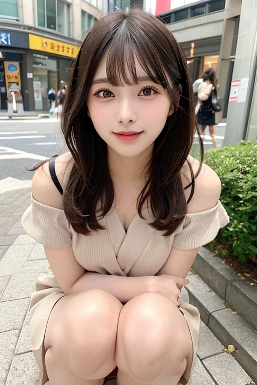 hight resolution, top-quality, Perfect dynamic composition, Beautiful detailed eyes, off shoulders、Radiant hair、Medium Hair, Natural Color Lip, college aged、Harajuku、A slight smil、Crouched figure、M-shaped legs