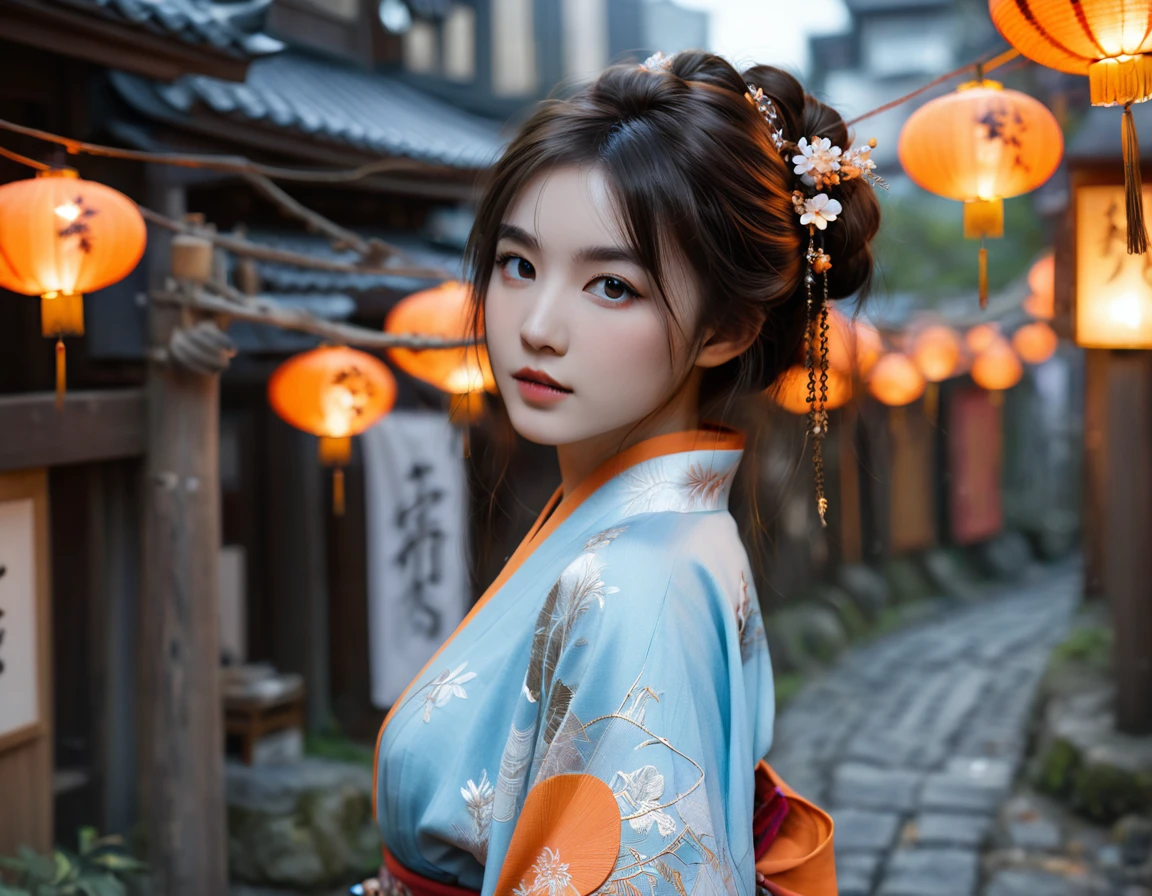 Beautiful girl in light blue and orange kimono, GLOWING CHARMING TOKYO background, dark hair, dark fantasy, intricate details, hyper detailed, Jean Baptiste Monge, Carne Griffiths, Michael Garmash, Seb McKinnon, masterpiece, OUTDOORS(1:1), portrait as a powerful sorcerer mage wizard, intricate embroidered robe, magical enchanting fantastical, 8k resolution, particle effects streaming, bright lights, Unreal Engine intricately detailed trending on Artstation