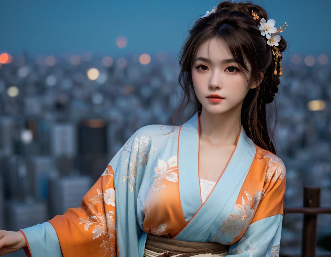 Beautiful girl in light blue and orange kimono, GLOWING CHARMING TOKYO background, dark hair, dark fantasy, intricate details, hyper detailed, Jean Baptiste Monge, Carne Griffiths, Michael Garmash, Seb McKinnon, masterpiece, OUTDOORS(1:1), portrait as a powerful sorcerer mage wizard, intricate embroidered robe, magical enchanting fantastical, 8k resolution, particle effects streaming, bright lights, Unreal Engine intricately detailed trending on Artstation