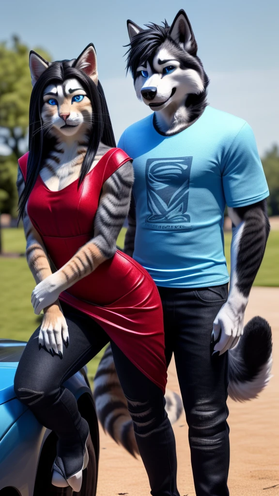 Sexy Posing, duo, (1 Female anthro tabby cat with eyes wearing a red dress and long black hair:1.5), (1 male anthro Husky dog with blue eyes wear a blue t shirt and black jeans short black hair:1.5), front yard back ground, 8k, hi res, (best quality, masterpiece), grinning,