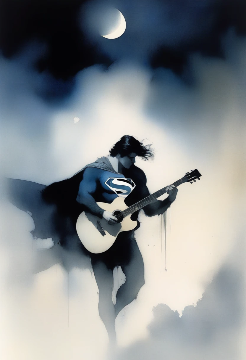 Ashley Wood style, chemiluminescence. (animation. and Superman takes a guitar and sings in a quiet voice, crescent moon, Night, 1 moon, Romance, fairy-tale background) (Minimalism: 1), tracing of details... Stephen Gammell style - Iai in the style of Stephen Gammell
