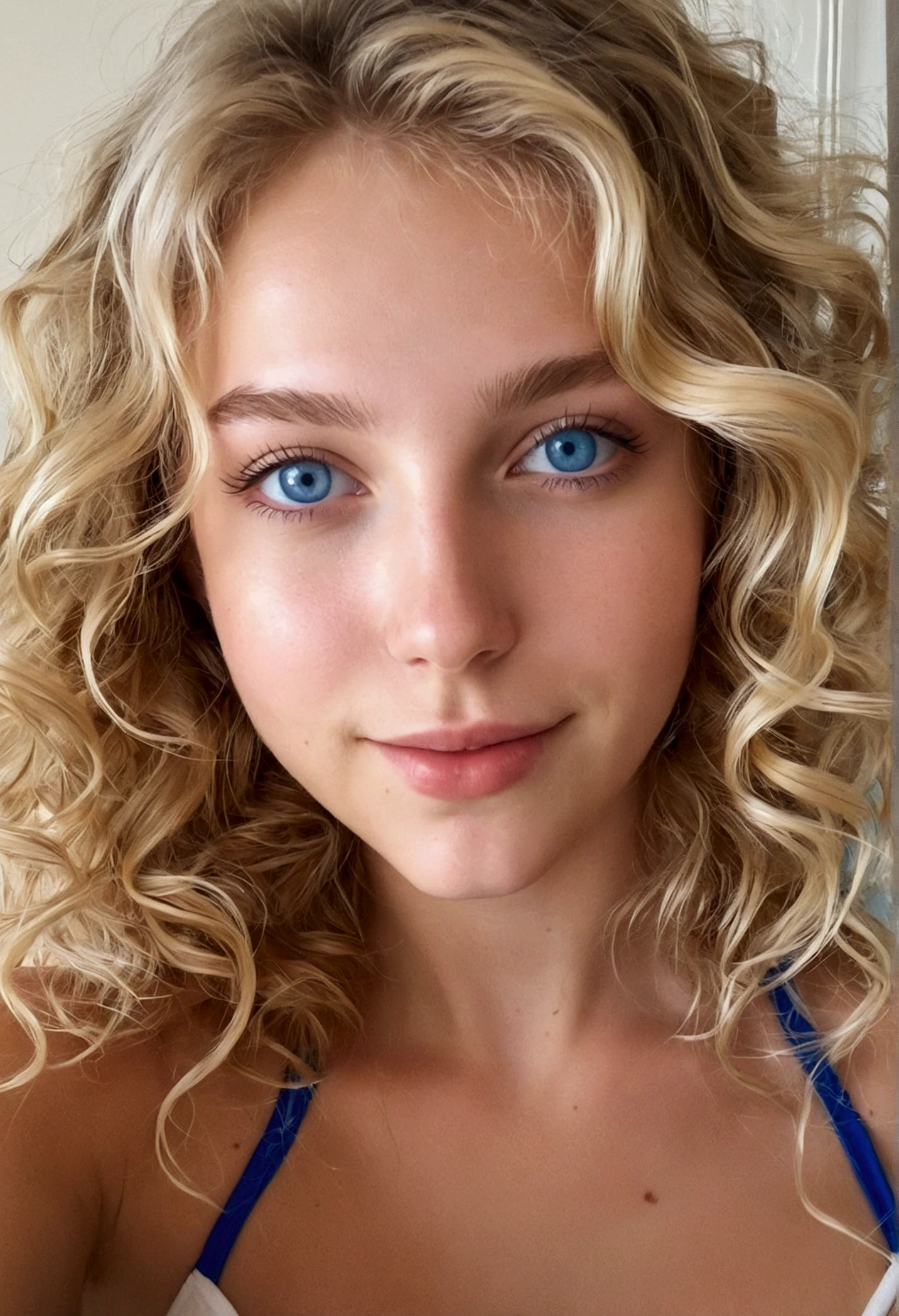 beautiful blonde, maillot de bain (22ans, visage innocent, naturally wavy hair, blue eye), happy full body selfie, best quality, ultra detail