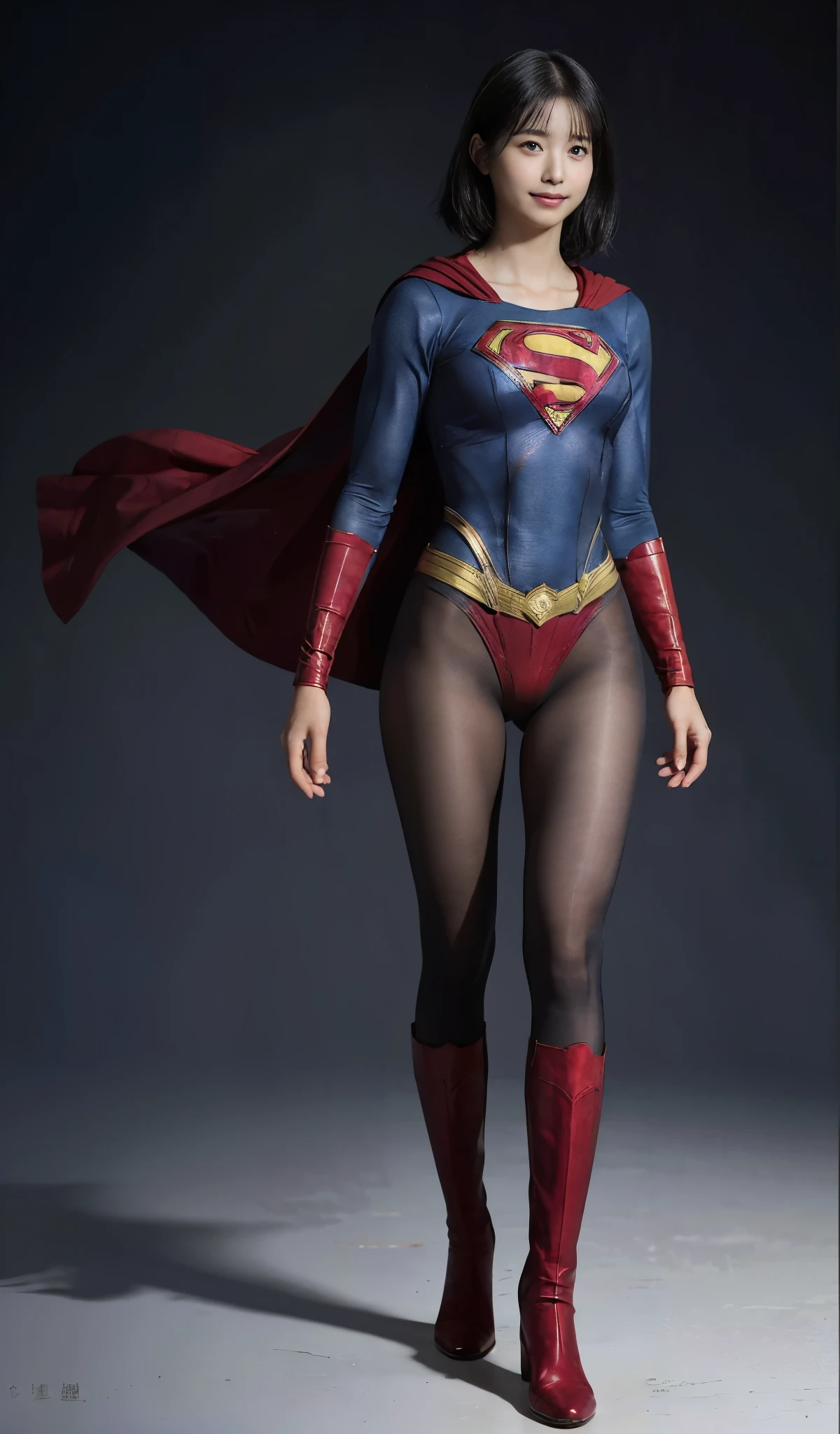 No background、(((Beautiful legs in black tights.)))、(((Legally express the beauty of your smile)))、((((Make the most of your original images)))、(((Supergirl Costume)))、(((Beautiful short bob hair)))、(((suffering)))、(((Please wear black tights....、Wear red boots)))、((Best image quality、8k))、((Highest quality、8k、masterpiece:1.3))、(((Preserve background )))、Sharp focus:1.2、Beautiful woman with perfect figure:1.4、Slim Abs:1.2、Wet body:1.5、Highly detailed face and skin texture、8k