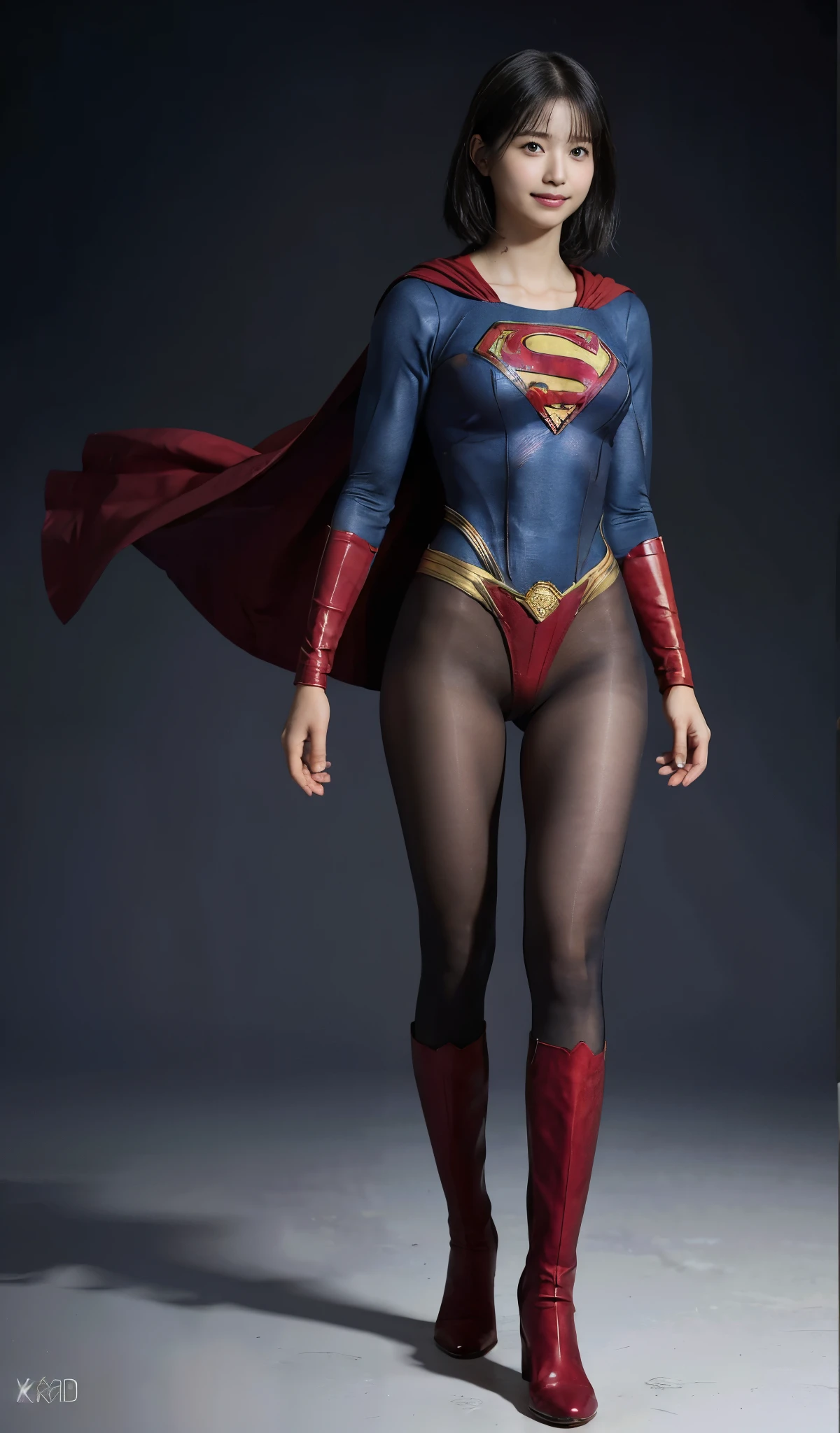 No background、(((Beautiful legs in black tights.)))、(((Legally express the beauty of your smile)))、((((Make the most of your original images)))、(((Supergirl Costume)))、(((Beautiful short bob hair)))、(((suffering)))、(((Please wear black tights....、Wear red boots)))、((Best image quality、8k))、((Highest quality、8k、masterpiece:1.3))、(((Preserve background )))、Sharp focus:1.2、Beautiful woman with perfect figure:1.4、Slim Abs:1.2、Wet body:1.5、Highly detailed face and skin texture、8k