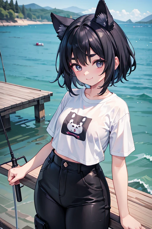 Dog ears,1 girl,smile,port,fishing,T-Shirts,Half pants,Black Hair,Short Hair,Thick eyebrows,masterpiece,best quality,super detailed,super fine illustration,8k,detailed background,flat chest,