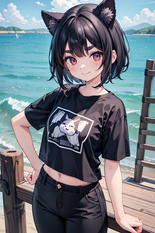 Dog ears,1 girl,smile,port,fishing,T-Shirts,Half pants,Black Hair,Short Hair,Thick eyebrows,masterpiece,best quality,super detailed,super fine illustration,8k,detailed background,flat chest,