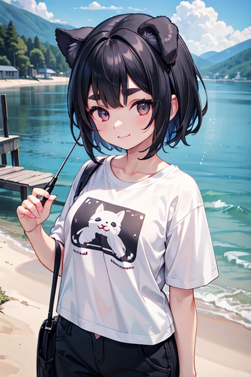 Dog ears,1 girl,smile,port,fishing,T-Shirts,Half pants,Black Hair,Short Hair,Thick eyebrows,masterpiece,best quality,super detailed,super fine illustration,8k,detailed background,flat chest,