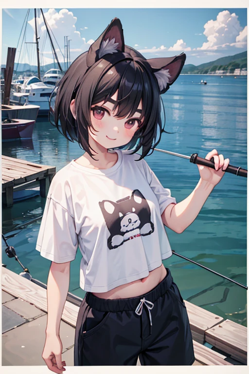 Dog ears,1 girl,smile,port,fishing,T-Shirts,Half pants,Black Hair,Short Hair,Thick eyebrows,masterpiece,best quality,super detailed,super fine illustration,8k,detailed background,flat chest,