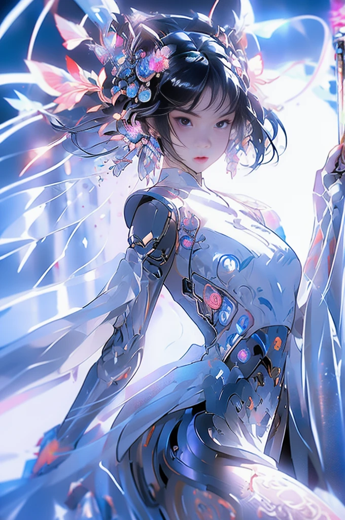 A female hero from mobile Legends Bang Bang, Odette, wearing white lung dress, majestic, pretty fave, cosmic background, holding a sword and a magic long wand  planets around her, long white hair and pretty.