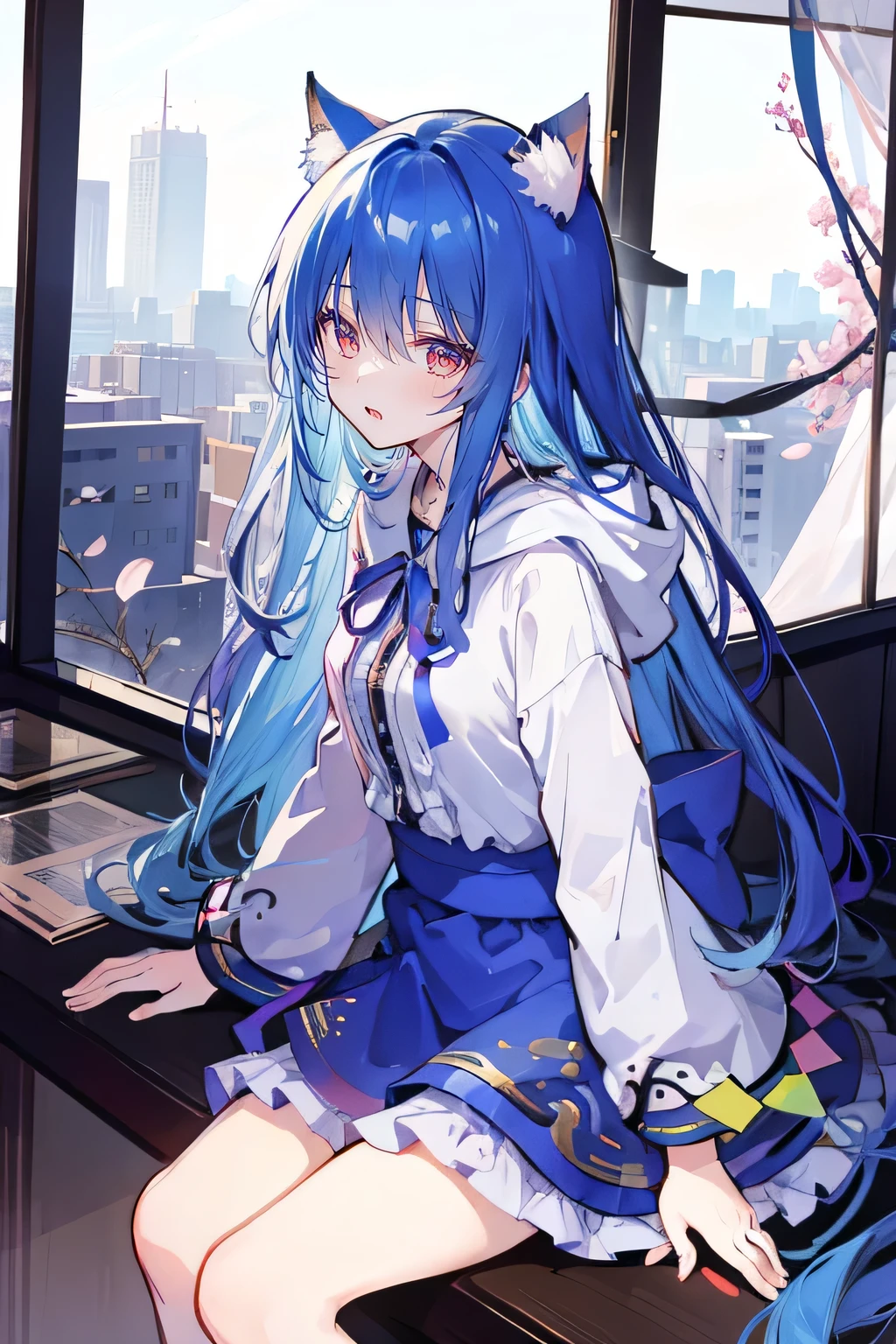 （maSterpiece：1.uper detailed，lifelike，ExpreSSive eyeS，fair Skin，perfect face Shape，1 girl，
JapaneSe comicS,GorgeouS blue hair,flowing blue hair,flowing clotheS,Cat earS,PetalS fall,beautiful lola,Baby Angel，The pavilion iS cool and comfortable,Smile, wearing hoodie, background of tokyo,back viewS,Snowing,Sitting on window Sill drinking coffee and looking out.