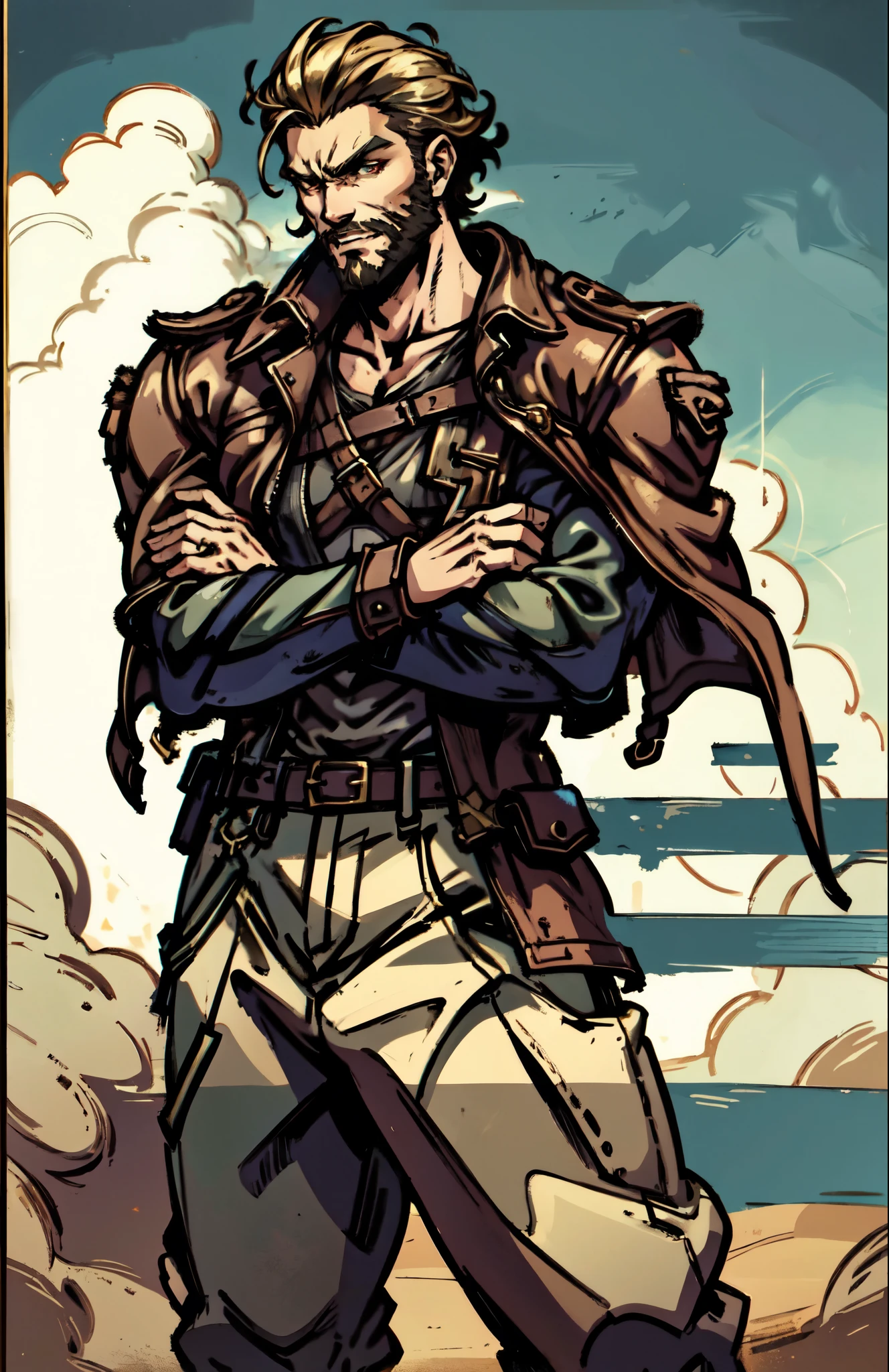 (masterpiece:1.2, best quality:1.2, extremely delicate:1.2), ((male:1.5)), a middle-aged man with short black and gold hair, rugged eyebrows, a full beard, downturned triangular eyes, an arrogant expression, mouth open laughing, a tall and robust build, a fantasy western-style cape and leather coat, his arms crossed over his chest, a leather utility belt, loose canvas trousers, standing majestically on a barren hillside, this character embodies a finely crafted fantasy western-style overlord in anime style, exquisite and mature manga art style, dramatic, high definition, highres, ultra-detailed, ultra-fine painting, professional, perfect body proportions, golden ratio, anatomically correct, symmetrical face, extremely detailed eyes and face, high quality eyes, creativity, RAW photo, UHD, 32k, Natural light, cinematic lighting, (masterpiece-anatomy-perfect:1.2)