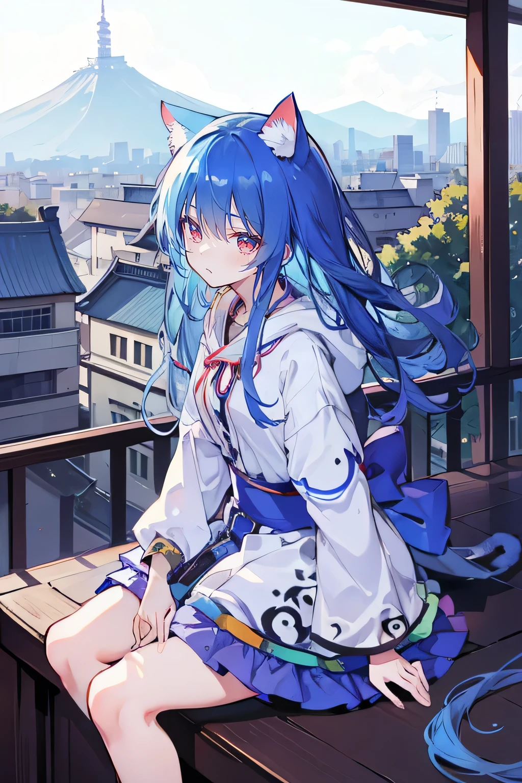 (maSterpiece:1.2),Super detailed,lifelike,ExpreSSive eyeS,fair Skin,perfect face Shape,1 girl,
JapaneSe comicS,GorgeouS blue hair,flowing blue hair,flowing clotheS,Cat earS,PetalS fall,beautiful lola,Baby Angel,The pavilion iS cool and comfortable,Smile, wearing hoodie, background of tokyo,back viewS,Snowing,Sitting on window Sill drinking coffee and looking out.