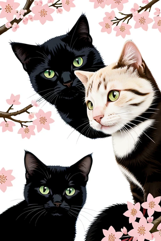 two cats in cherry blossom trees, one is black with spots, he has green eyes, he has a mole, his face is down,a black cat has green eyes but is blind in the left eye and has a mole in his right eye