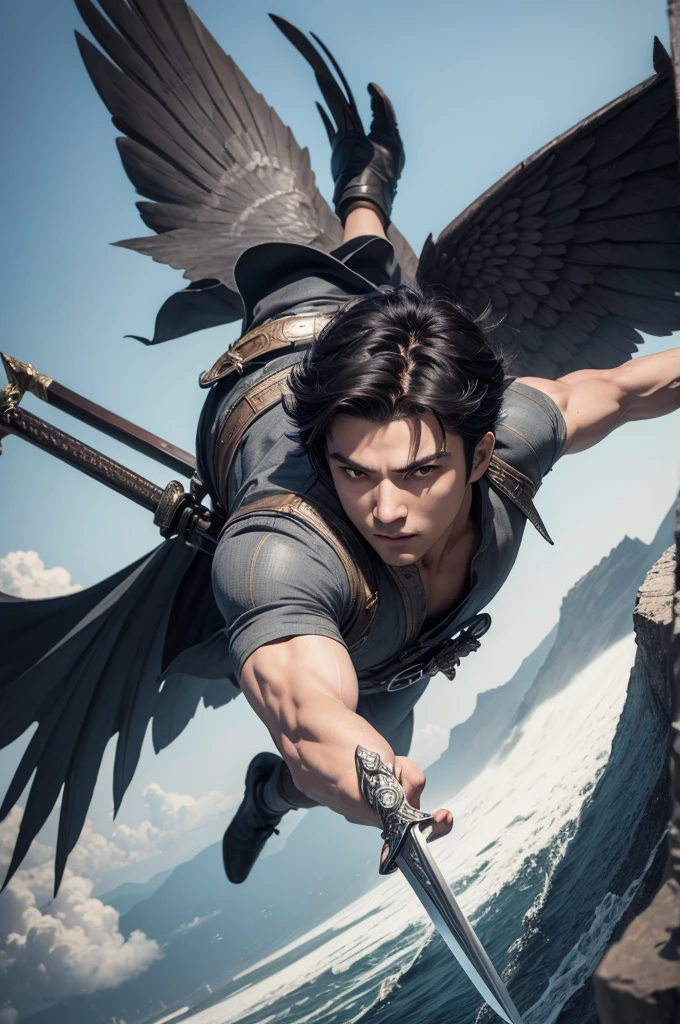 ((best quality)), ((masterpiece)), (detailed), perfect face Hero flying with a pair of open gray wings, with short black hair, with a sword in his hand pointing upwards