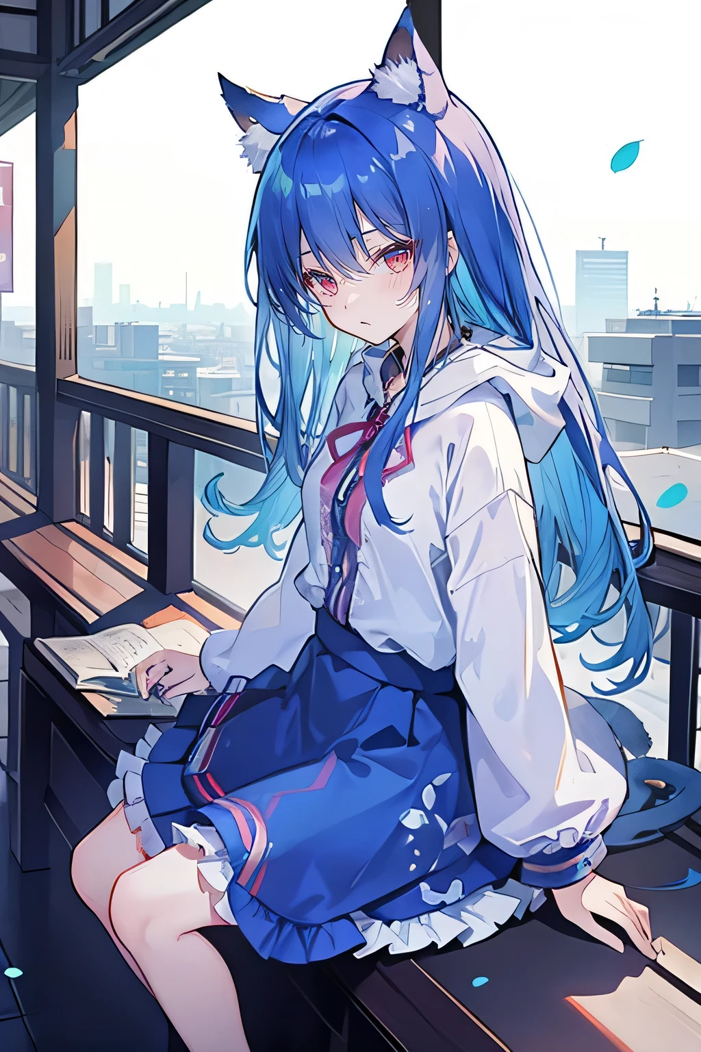 (maSterpiece:1.2),Super detailed,lifelike,ExpreSSive eyeS,fair Skin,perfect face Shape,1 girl,
JapaneSe comicS,GorgeouS blue hair,flowing blue hair,flowing clotheS,Cat earS,PetalS fall,beautiful lola,Baby Angel,The pavilion iS cool and comfortable,Smile, wearing hoodie, background of tokyo,back viewS,Snowing,Sitting on window Sill drinking coffee and looking out.