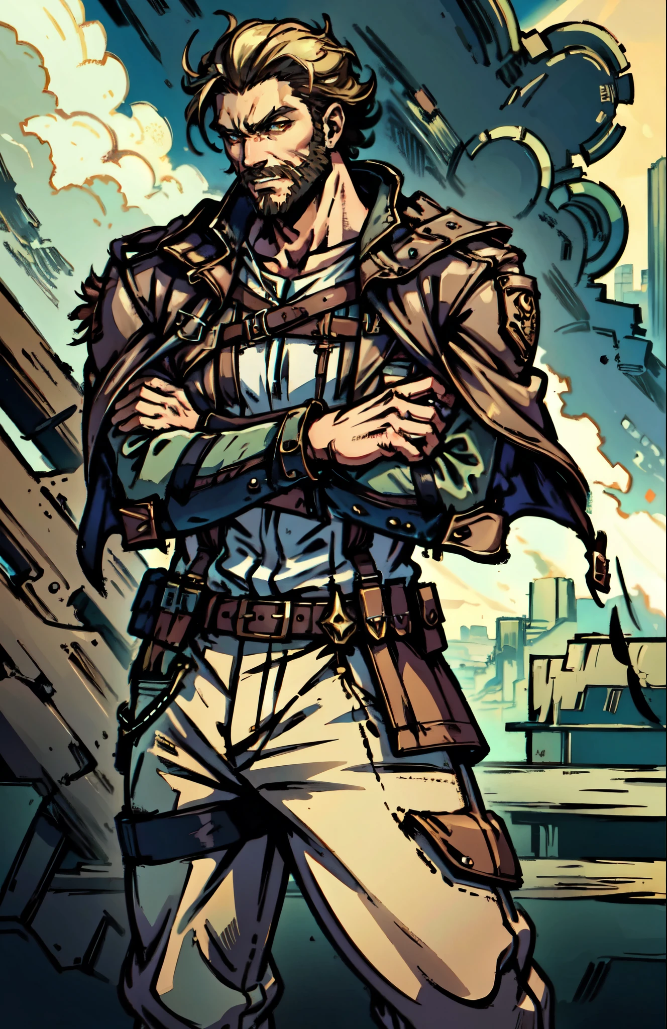 (masterpiece:1.2, best quality:1.2, extremely delicate:1.2), ((male:1.5)), a middle-aged man with short black and gold hair, rugged eyebrows, a full beard, downturned triangular eyes, an arrogant expression, mouth open laughing, a tall and robust build, a fantasy western-style cape and leather coat, his arms crossed over his chest, a leather utility belt, loose canvas trousers, standing majestically on a barren hillside, this character embodies a finely crafted fantasy western-style overlord in anime style, exquisite and mature manga art style, dramatic, high definition, highres, ultra-detailed, ultra-fine painting, professional, perfect body proportions, golden ratio, anatomically correct, symmetrical face, extremely detailed eyes and face, high quality eyes, creativity, RAW photo, UHD, 32k, Natural light, cinematic lighting, (masterpiece-anatomy-perfect:1.2)