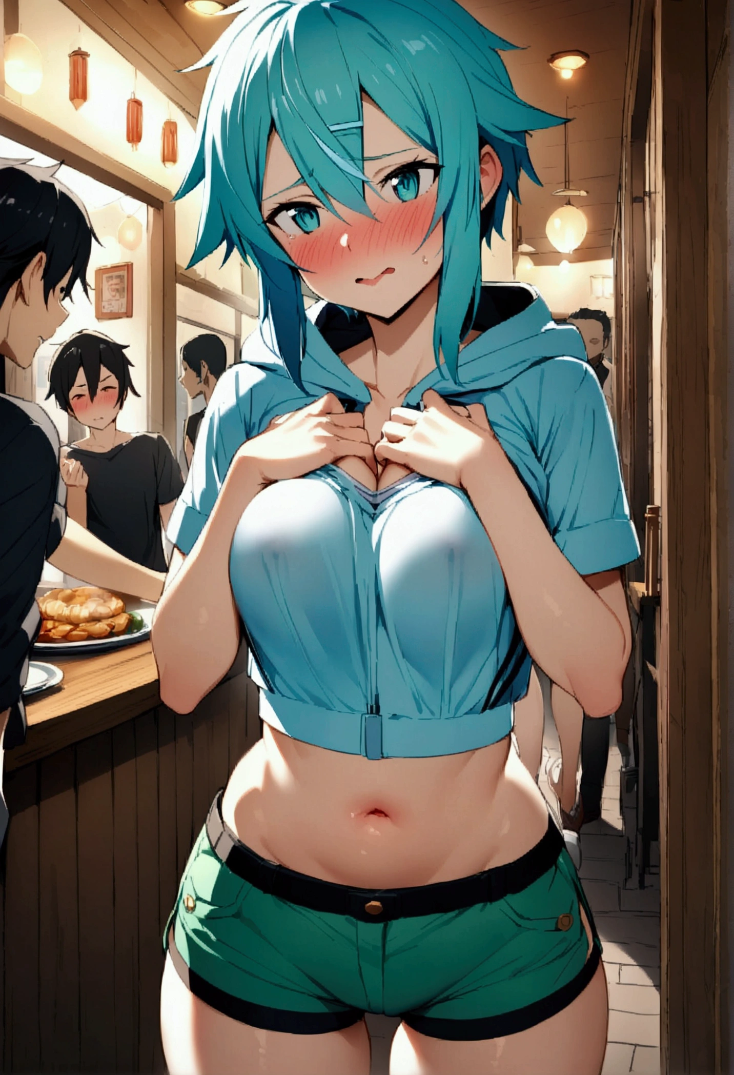 NSFW,masterpiece,Highest quality,High resolution,Very detailed,Sinon\(Sword Art Online\),Hooded parka,Open front clothing,Short-sleeved shirt,Crop top,Shorts,Shy laugh,blush,bustling street,Restaurant area,(Young man with black hair),Couple,Date,Breasts are grabbed,Grab your chest,Arms crossed