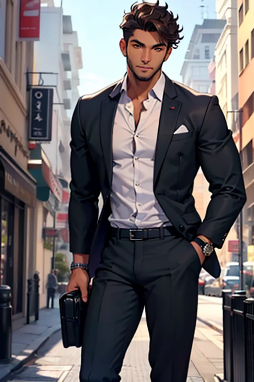 name: Rafael Silva Age: 29 years old Gender: Male Appearance: body hair: short and curly, dark brown. eyeballs: brown, with a friendly and confident look. Skinned: dark skin tone. vestimentas: Business casual style - light social shirt, tailored pants and elegant shoes. Sometimes wear a blazer for a more formal look. Accessories: Classic wristwatch and a discreet bracelet. face facing the camera talking