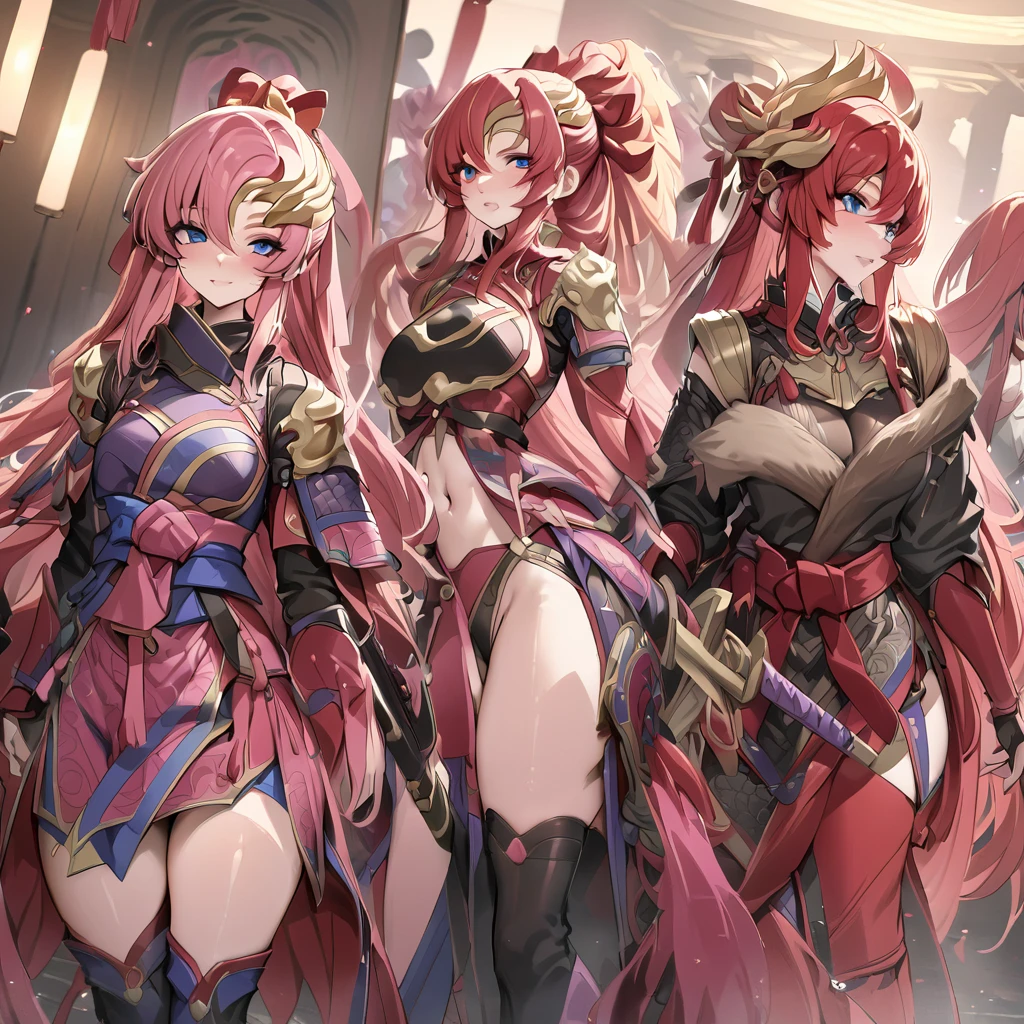 A smug narcissistic pink haired genie woman wearing a golden bra and pink puffy harem pants and lots of jewelry flaunting herself being pleasured by her harem of women who wear the same clothes as she does