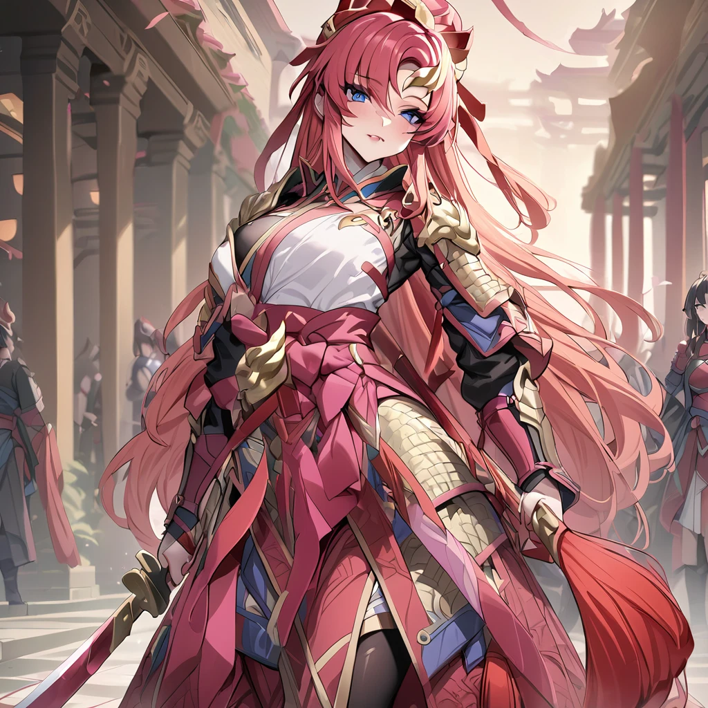 ((Highest quality)), ((masterpiece)), (detailed), (Perfect Face)、The female ancient Chinese warrior is Lacus Clyne, with blue eyes, pink semi-long hair, and is wearing luxurious ancient Chinese warrior equipment, a sword, and a luxurious headdress.、There are beautiful female warriors in the palaces of ancient China