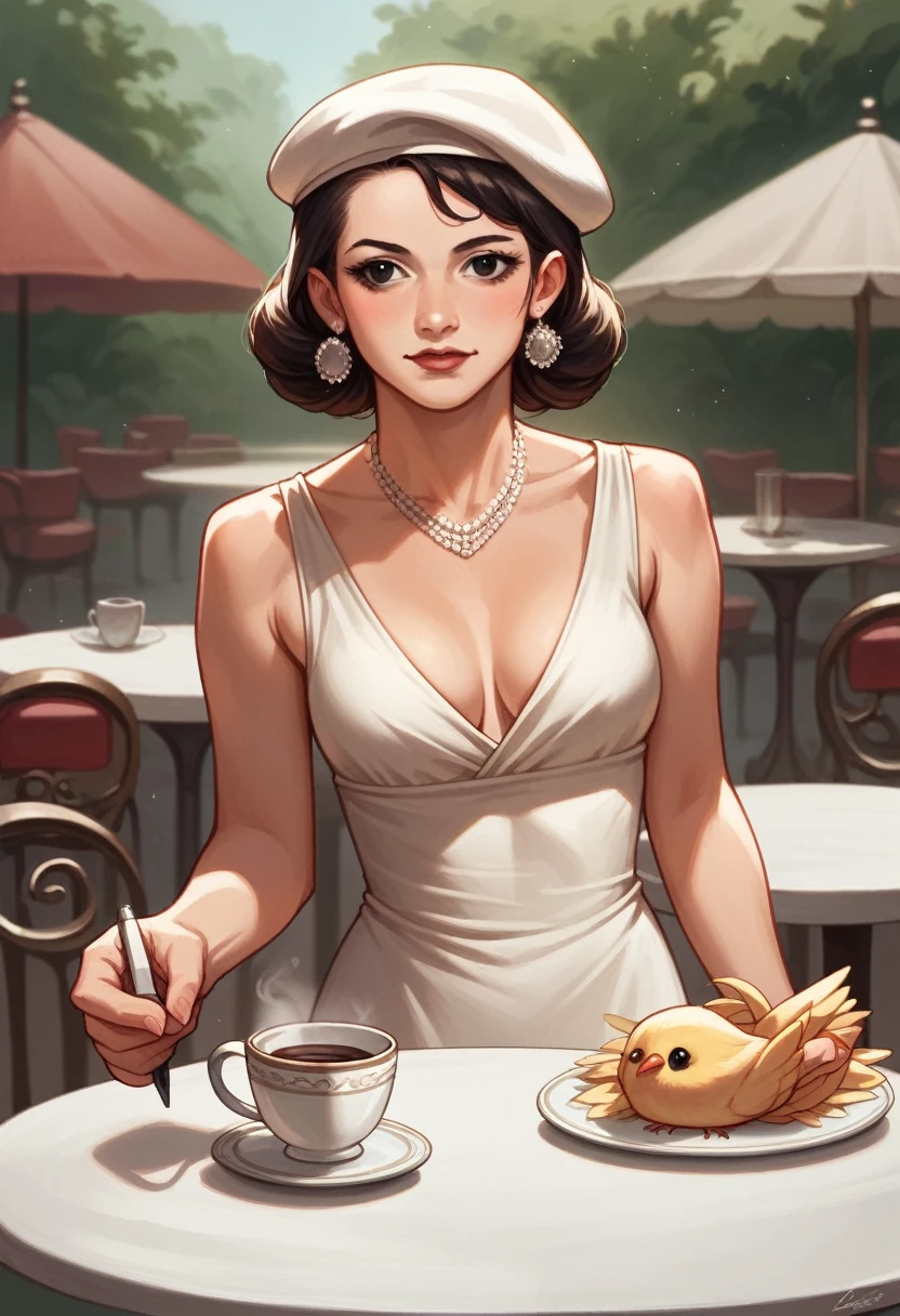 wife, black eyes Parisian cafe, SFW, chic midi dress, Beret, ballerinas, elegant pose, sip coffee at an outdoor table, tard dans la matinée 