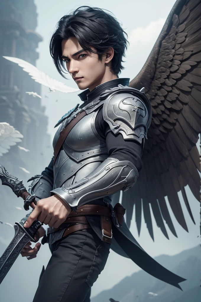 ((best quality)), ((masterpiece)), (detailed), perfect face Hero flying with a pair of open gray wings, with short black hair, with a sword in his hand pointing upwards