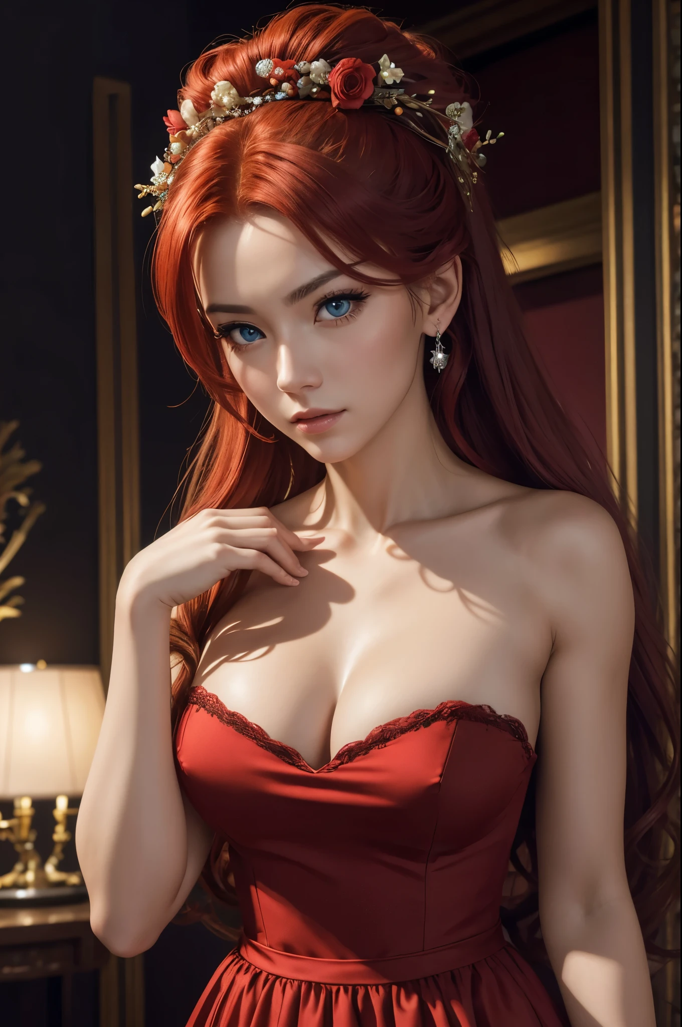 8k,Adult woman with red bushy hair,so beautiful(Like the real thing), strict, elegant, Red Dress, The enchanting aristocrat, silver element, Long nails, Exposing shoulders, Hairstyle, Beautiful expression,blue eyes, Messy, I am proud, Absurd, Elegant dress, Royalty, celebration, Hall decorated with flowers, Cowboy Shot, Portraiture, (Highest quality), (Tabletop), (Very detailed), masterpiece,Highest qualityのフォトリアリスティックなRAW写真。Backlight, Cinema Lighting, Film Grain, to be born, 50mm lens, Nikon D850,Ultra-Realistic Skin,Fantasy art,Character Art,Ultra-high resolution,A muscular and slender macho man,Perfect hands,compensate,Bust shot close-up,