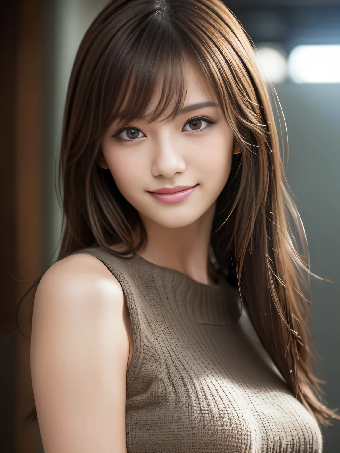 masterpiece, best quality, ultra-detailed, intricately detailed hyperdetailed, realistic, sharp features, highly detailed, sharp focus, Realistic, Photorealistic:1.3, (:1.3), perfect face, perfect symmetrically eyes, perfect full lips, hyper detailed, hyper realistic, high resolution, Fashion Model, Japanese Idol, Slender, brown hair, Stylish, model poses, Beautiful Face, light brown hair, messy hair, asymmetrical bangs, (grin:1.2), (looking at viewer), cinematic lighting, grey background, (Black knit:1.2), portrait
