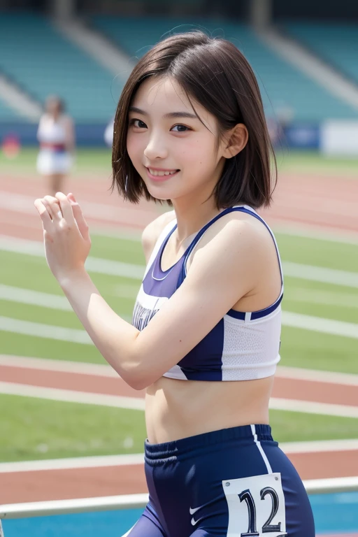 (masterpiece,Highest quality,Ultra-high resolution),Japanese women, (((A very beautiful 12 year old girl))), pretty girl、View Photographer､Front view, ((short hair)), Super cute face, Glossy Lips, Double eyelids on both eyes,A cheerful smile、 Natural Makeup, Long eyelashes, Shiny and smooth hair､(Big stadium)、Center image, Perfect limbs, Perfect Anatomy,(((Track and field uniforms))),Her bra is visible from the side of her uniform,