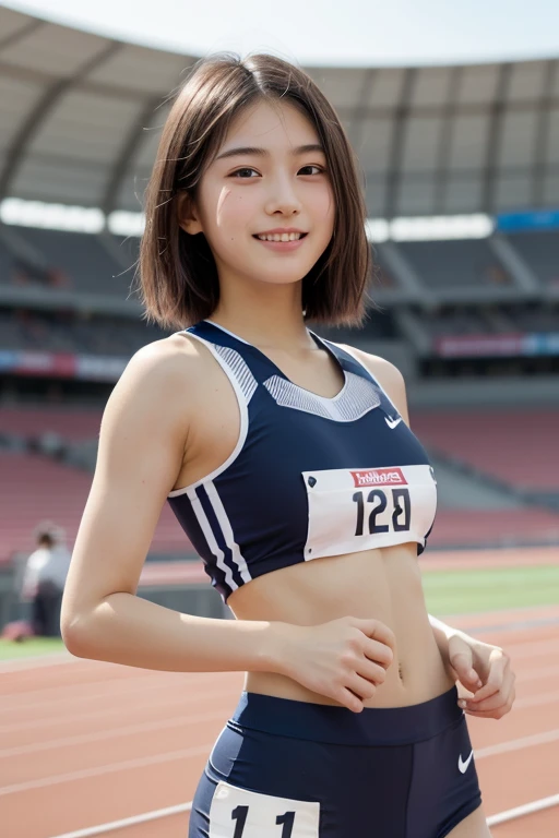 (masterpiece,Highest quality,Ultra-high resolution),Japanese women, (((A very beautiful 12 year old girl))), pretty girl、View Photographer､Front view, ((short hair)), Super cute face, Glossy Lips, Double eyelids on both eyes,A cheerful smile、 Natural Makeup, Long eyelashes, Shiny and smooth hair､(Big stadium)、Center image, Perfect limbs, Perfect Anatomy,(((Track and field uniforms))),Her bra is visible from the side of her uniform,